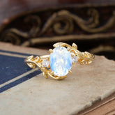 Contemporary Nature-Inspired 4-Prong Oval-Cut Natural Moonstone Engagement Ring